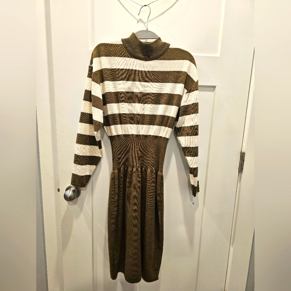 Olive Cream Striped Knit Midi Dress – Turtleneck, Smocked Waist, Myshiros M
